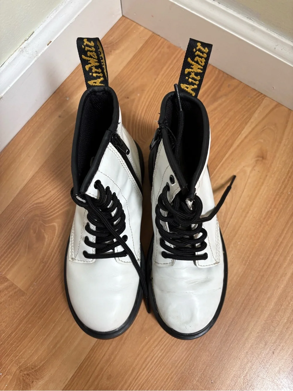 Dr. Martens White Lace-Up Kids Combat Boots with Black Trim